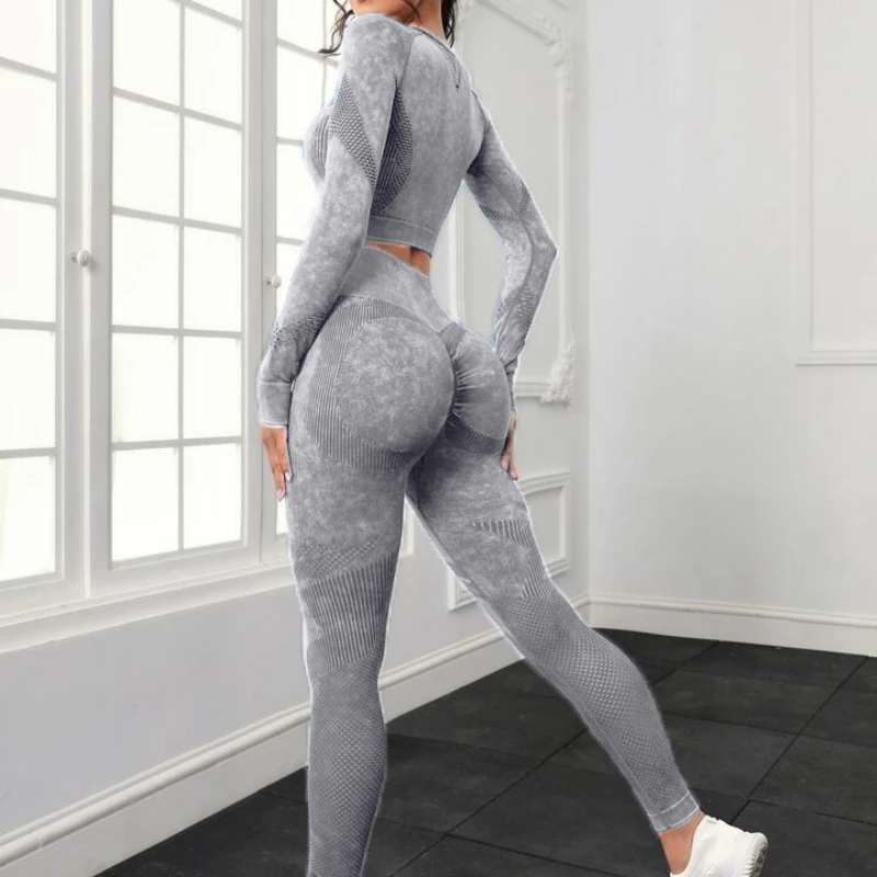 

2 Piece Acid Wash Gym Set Women Seamless Long Sleeve Leggings Tracksuit Sports Fitness Suit Scrunch Workout Clothes Yoga Outfits