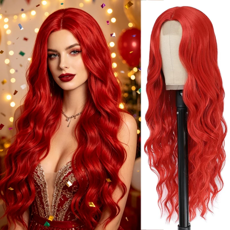 30 Inch Long Wavy Red Synthetic Wig for Women Natural Looking Wig Daily Wear Party Cosplay Halloween Costume Carnival Hairstyle