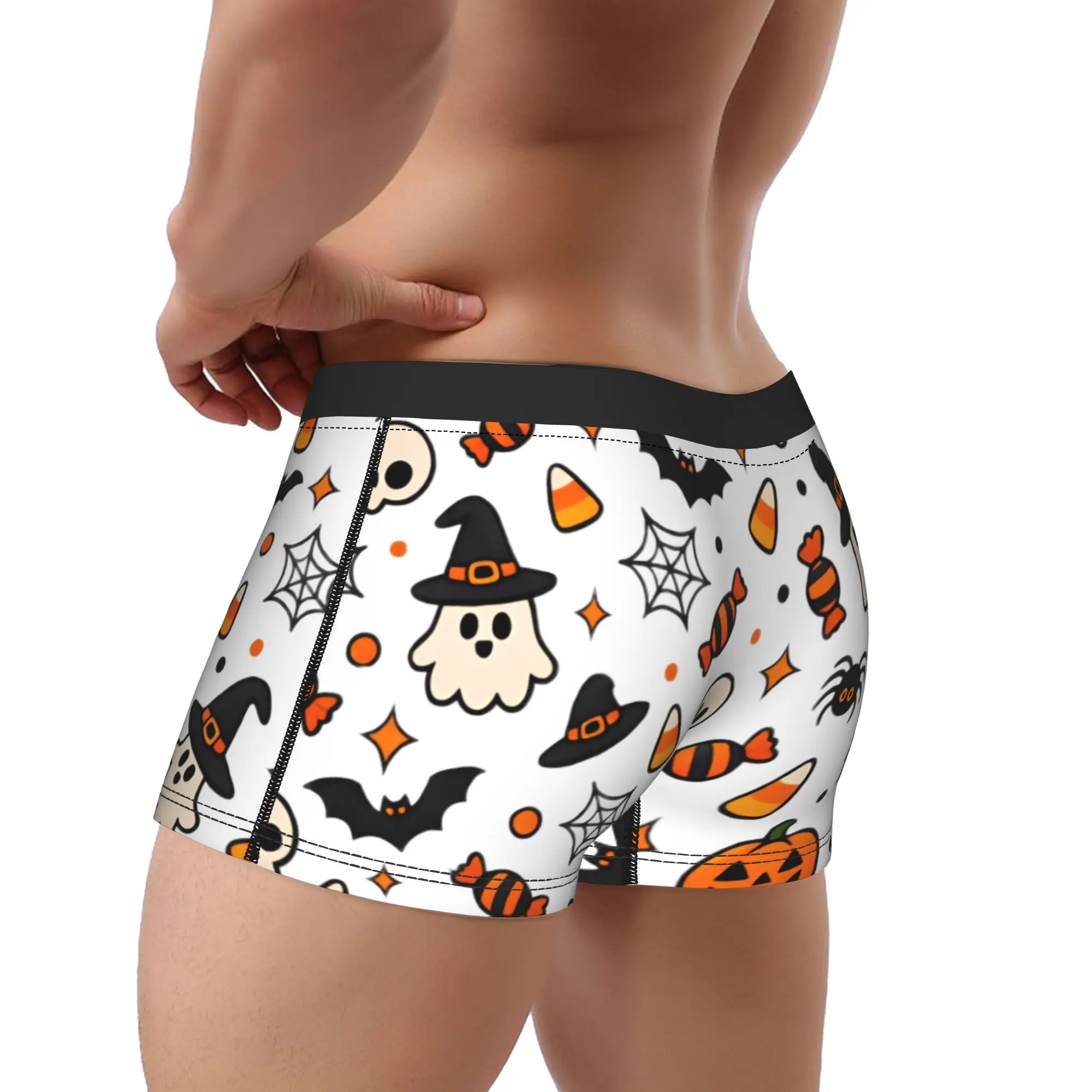 Halloween Candy Ghost Witch Bat Skull White Background Seamless Pattern Underwear  Males Panties Custom Comfortable Boxershorts