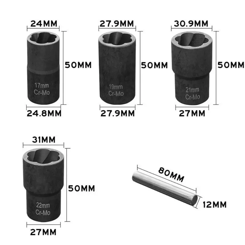 5-Piece Set of Damaged Rusted Nuts Bolts Screws Tire Screws Extractor Anti Slip Sleeve Tool Set 1/2 Hand Tools  Wrench Kit