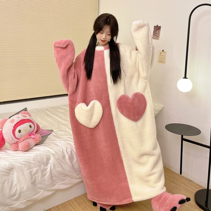 Funny Cartoon Coral Fleece Couple Pajamas Men's Women's Hooded Stitching Sweatshirt Thickened Plush Long Nightgown Home Clothes
