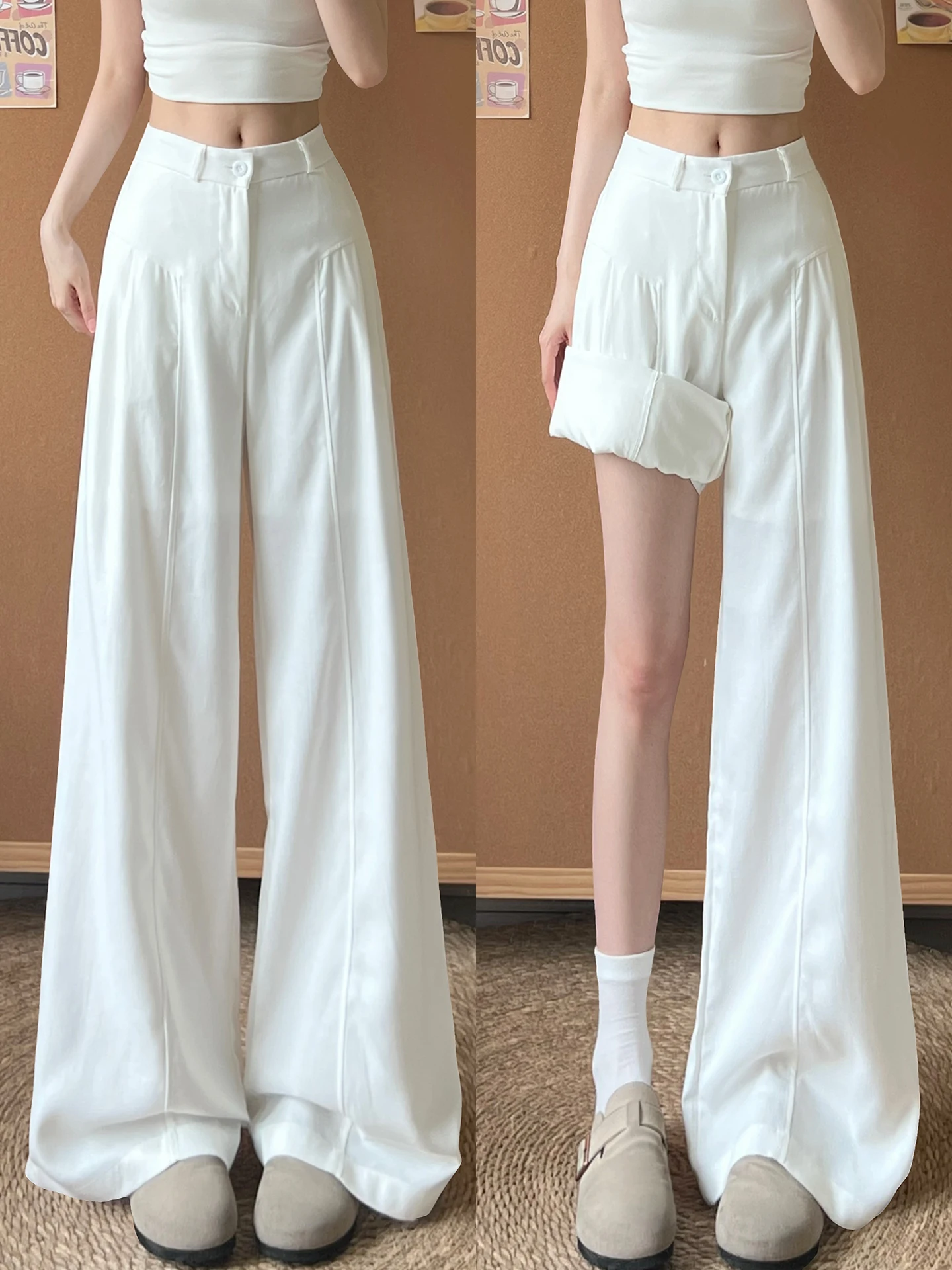 White Linen Wide Leg Pants Women's Summer 2026 New Fashion High Waist Slimming Straight Casual Trousers Elegant Style