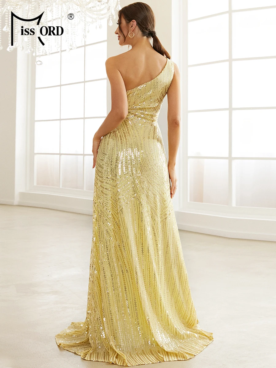 Missord Elegant Yellow Sequin Long Prom Dress Women One Shoulder Sleeveless Thigh Split Maxi Evening Party Dresses Gown