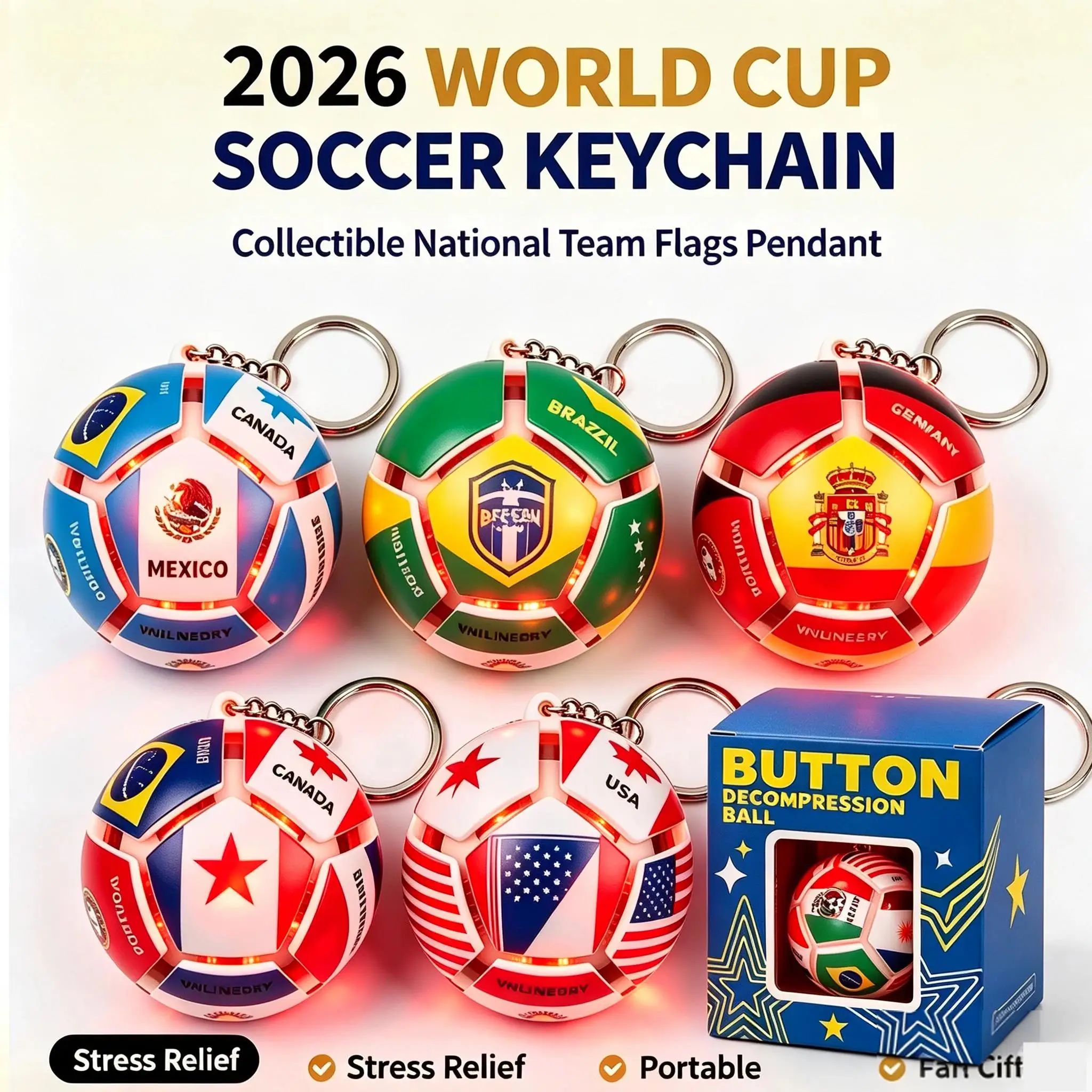 2026 Llavero Fidget Esférico con Luz LED de Bandera Nacional, Colgante de Fútbol, Juguete Antiestrés y para la Ansiedad, Regalo