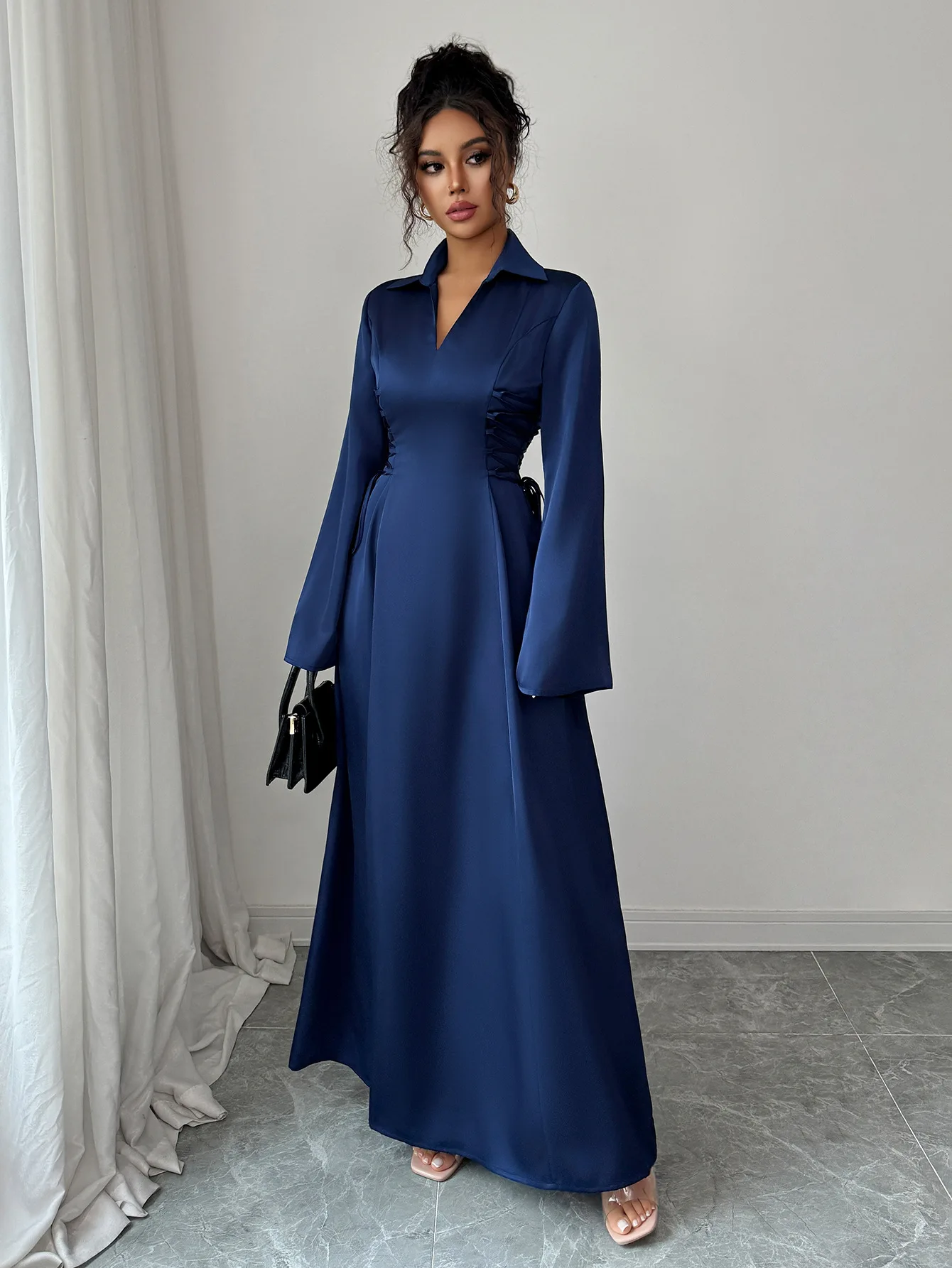 أنيقة عارضة نمط الراقية فستان بأكمام طويلة الخريف التلبيب بلون المرأة أنيقة الخصر Cinched ألف خط سليم صالح اللباس