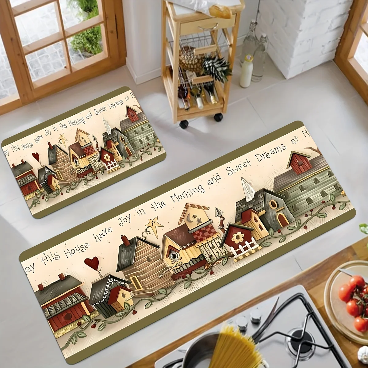 VIKAMA Farmhouse Kitchen Mat Set Anti Slip Washable Rug Vintage Country House Print Inspirational Text Floor Runner Carpet