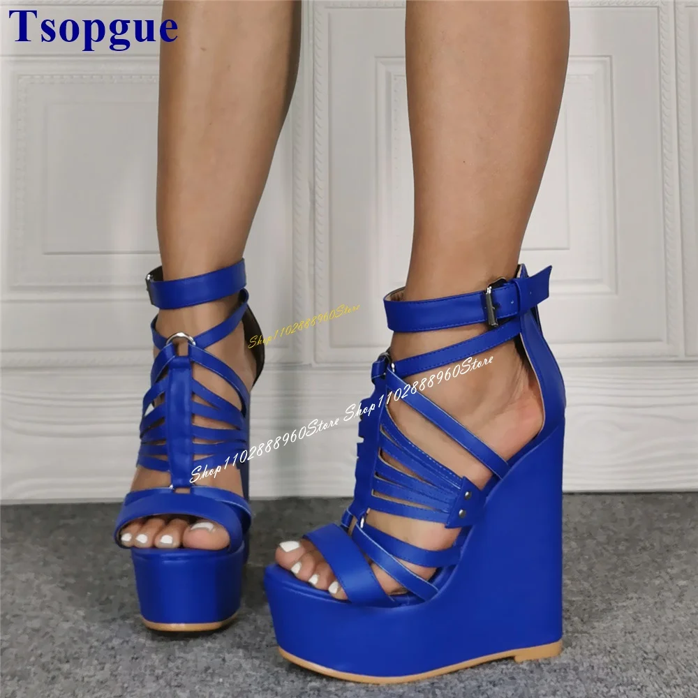 Big Size Blue Platform Narrow Band Roman Sandals Wedges Heel Women Shoes Back Zipper Open Toe 2024 Fashion Zapatos Para Mujere