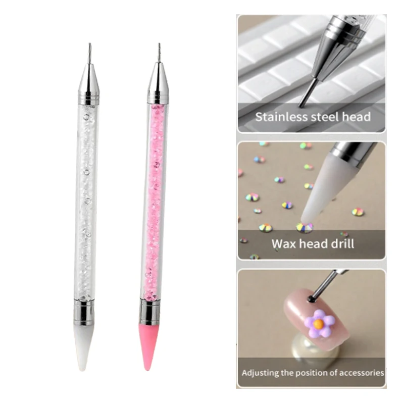 Stylo de pointage d'ongles en acrylique pour touristes, poignée de perles de cristal, goujons de biscuits, crayon de prédiction PINCEF, pinceau gel UV, outils d'art d'ongle de manucure