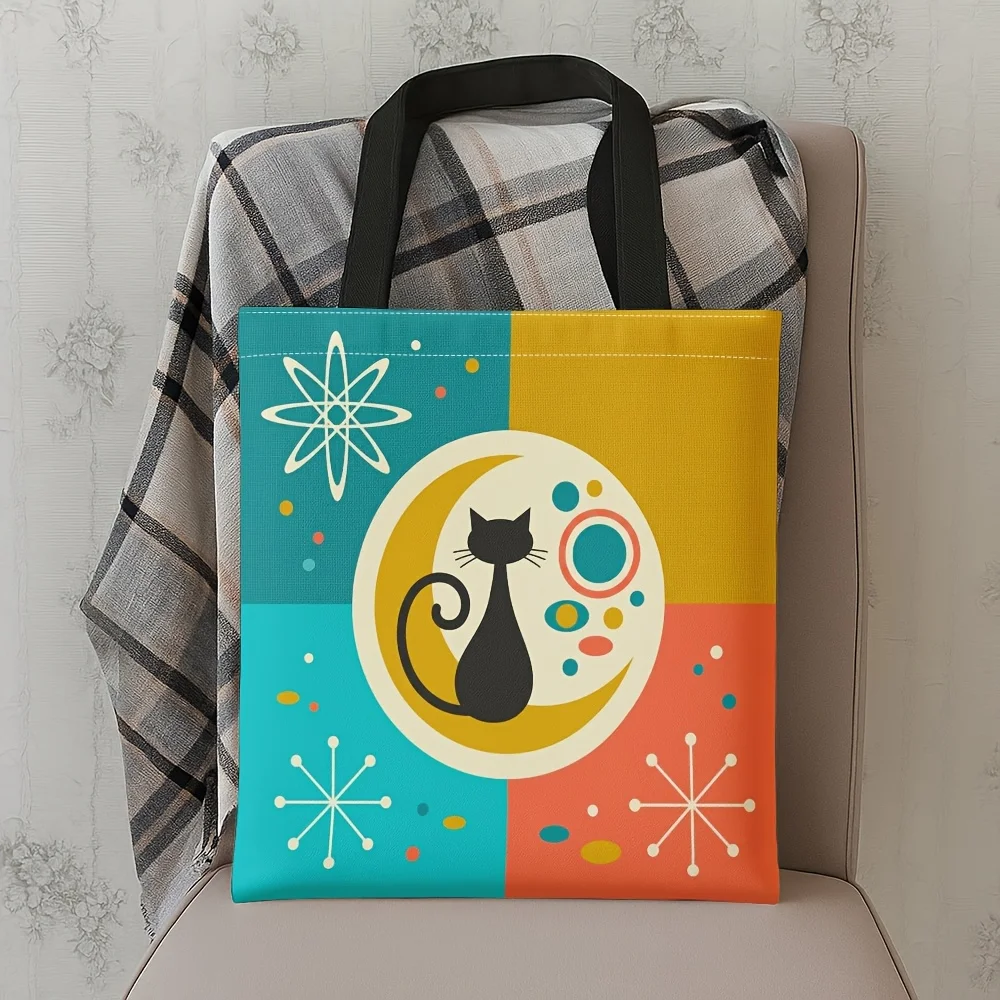 1pc Mid Tote Bag Spacious Grocery Bag Century Modern Wildlife Cat & Geometric Book-Friendly Design,for Travel Daily Use Gift