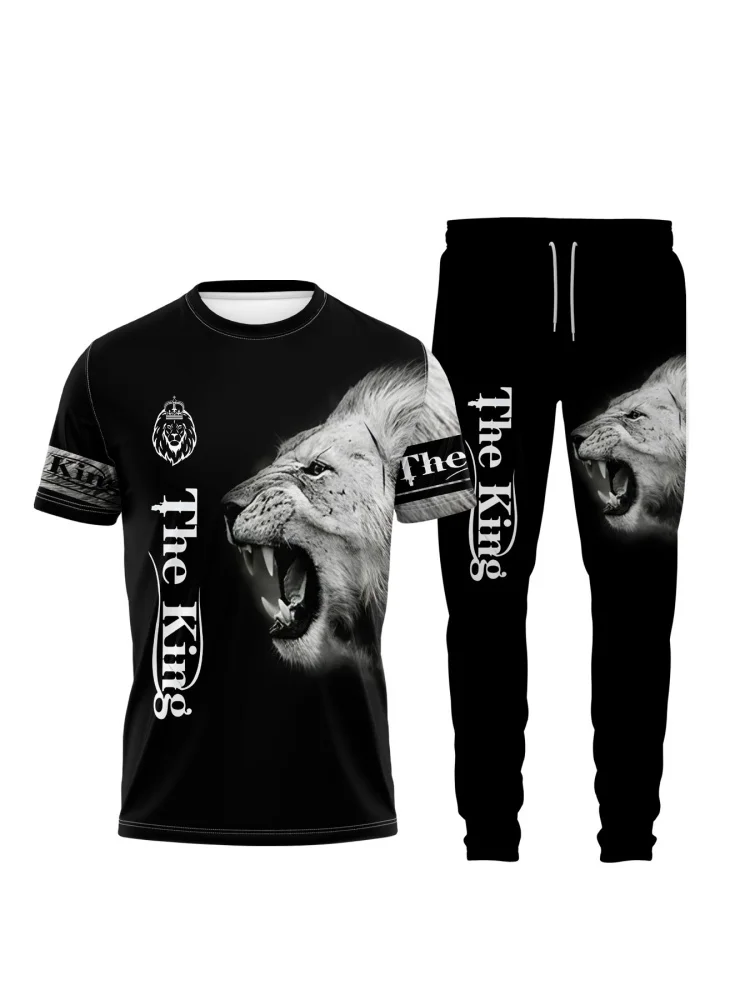 Men's Short-Sleeved T-Shirt+Long Pants 2 Sets Fashion 3D Digital Print Lion Tiger Top Elastic Trouser Suit Male Tracksuit