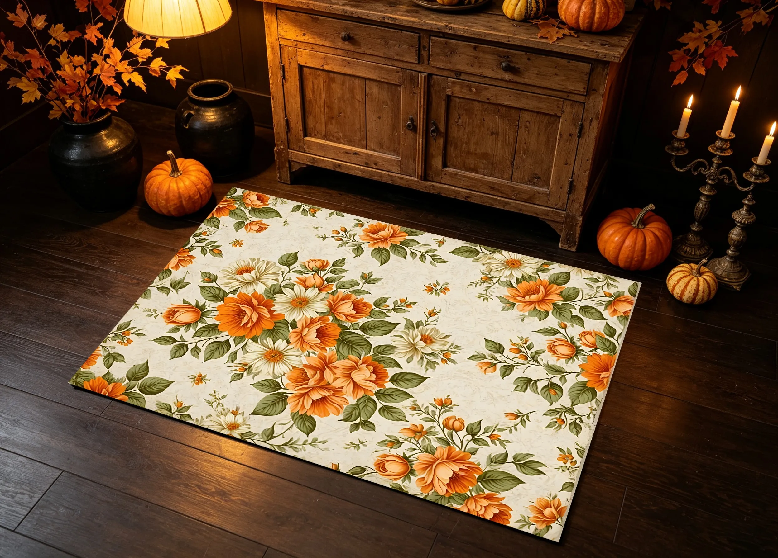 Retro Orange Floral American Retro Style, Suitable for Housewarming and Living Room/Bedside Velvet Rugs, Creating a Romantic and Warm Retro Soft Furnishing Atmosphere