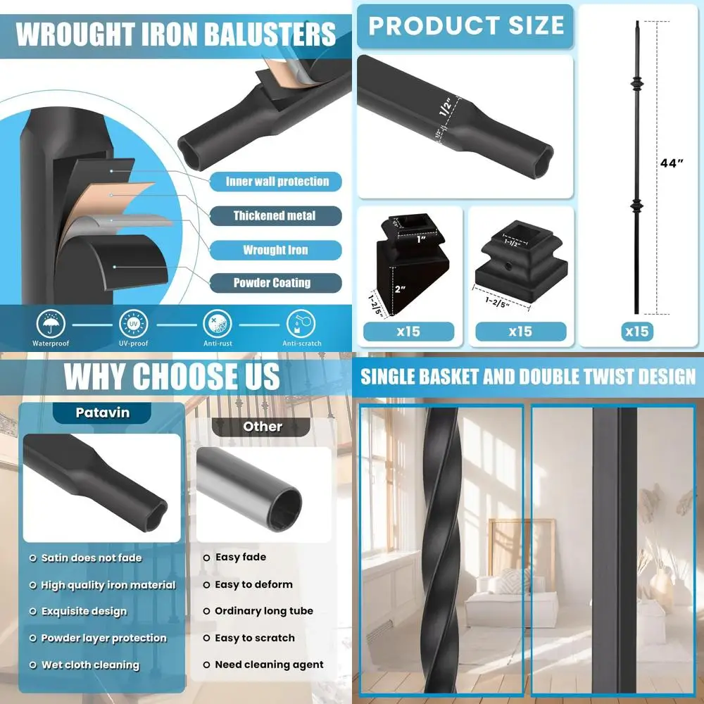 

15 Pack Staircase Iron Balusters - 1/2 Hollow Square Metal Spindles with Double Design, Includes 15 Lat & 15 Angle Shoes