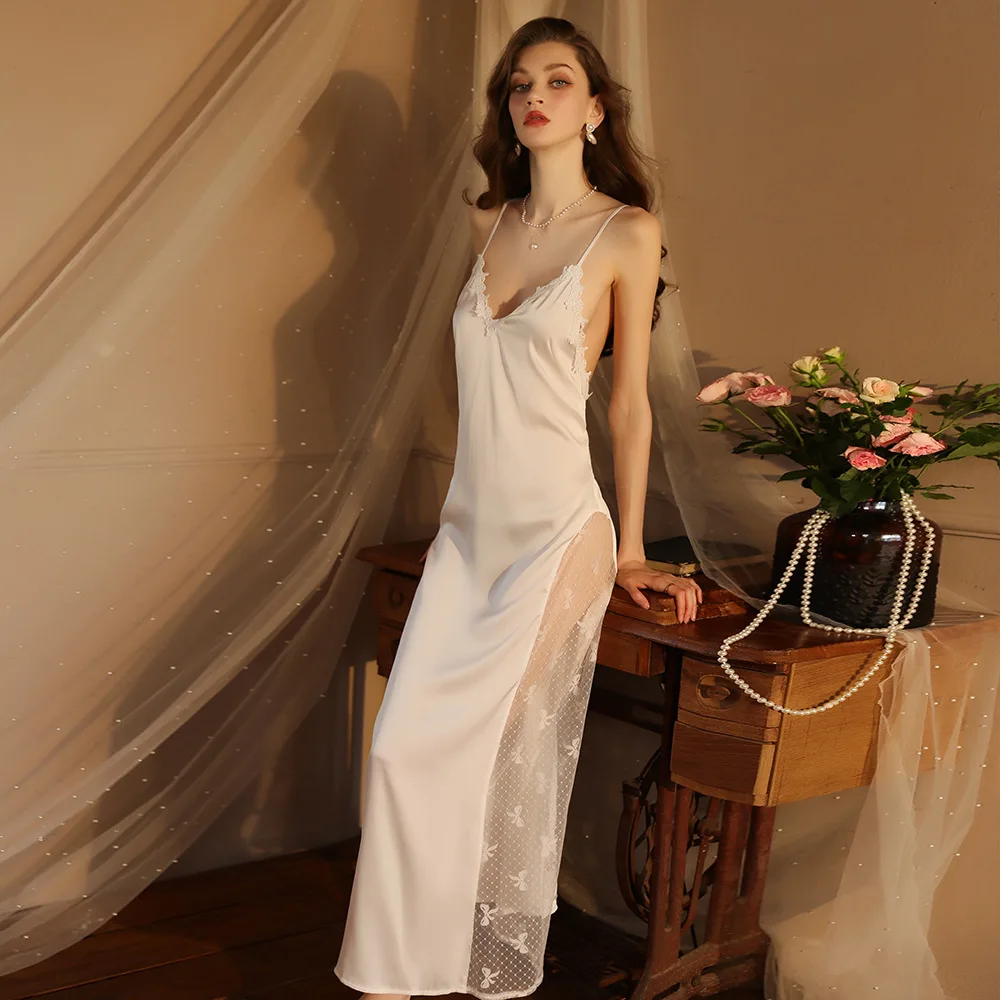 Fairy Style Temperament Lace Seduction Vacation Dress, Deep V Sexy Strap Chest Pad Backless Cross Strap Nightdress