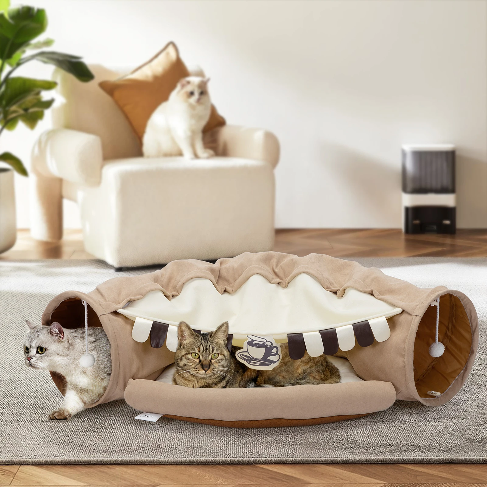 

Collapsible Cat Tunnel Bed for Indoor Cats, Washable Cat Hide Tunnel with Hanging Toys and Cushion Mat, Coffee