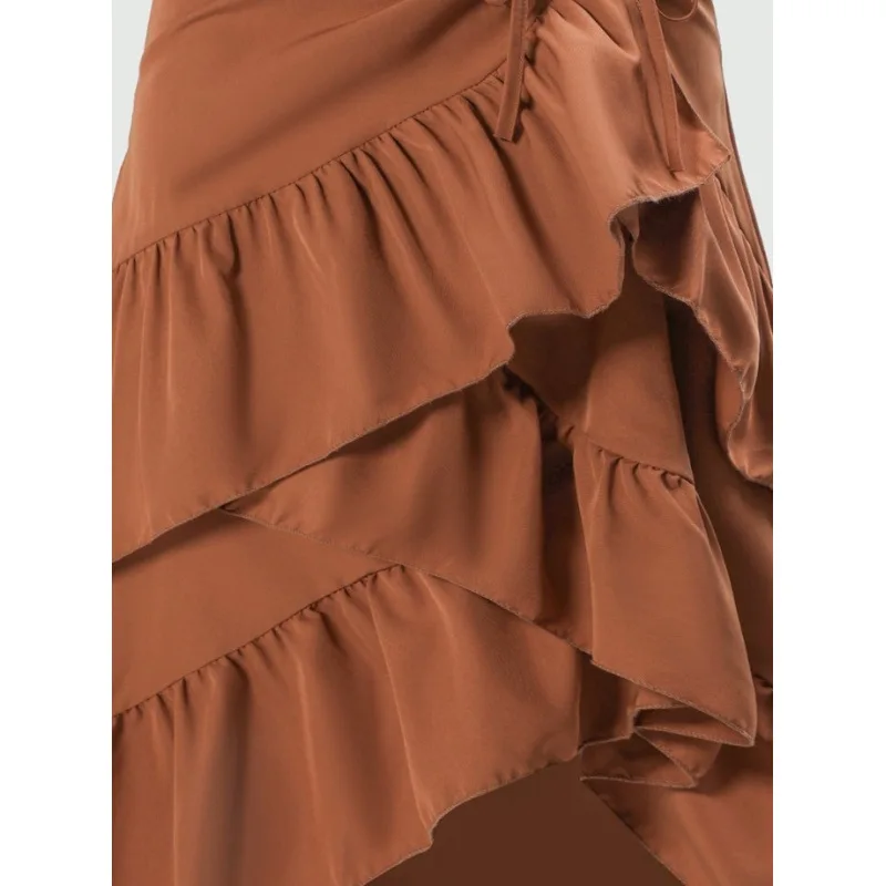 2025 Summer New Arrival: Elegant High-Waisted Paneled Skirt with Flattering Ruffled Hem in Solid Colour