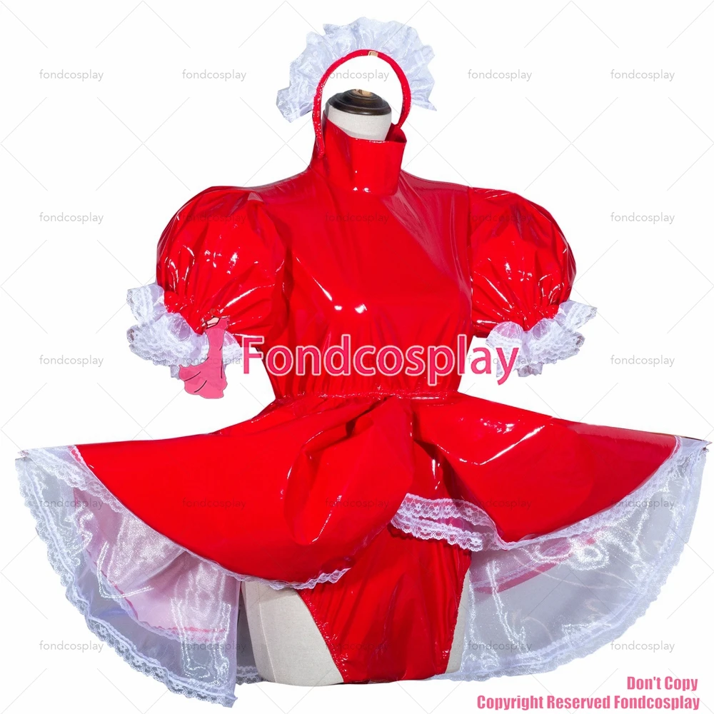 fondcosplay adult sexy cross dressing sissy maid short French Lockable Red heavy PVC Romper panties jumpsuits CD/TV[G4060]