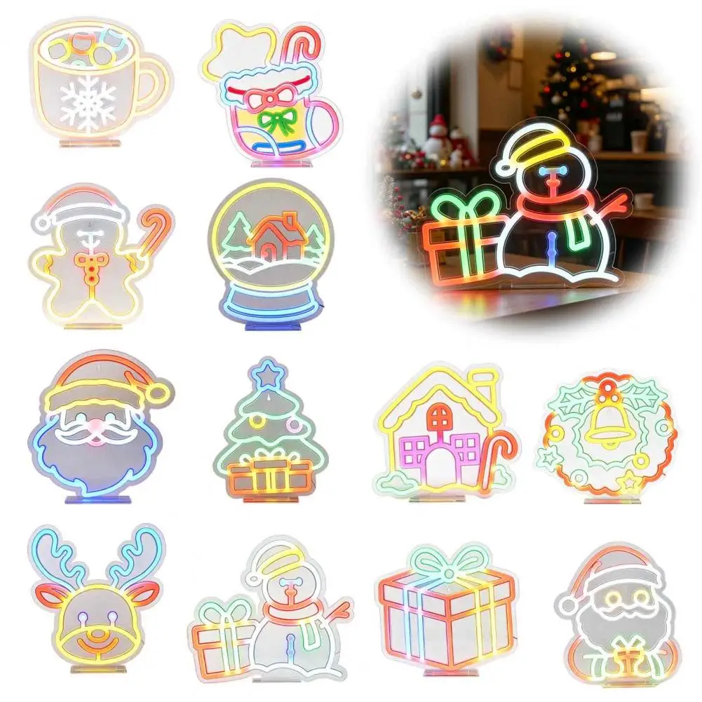 Christmas Window Hanging Lights Led Holiday Decorations for Home Christmas Led Neon Sign with Stand Santa Claus Elk for Home