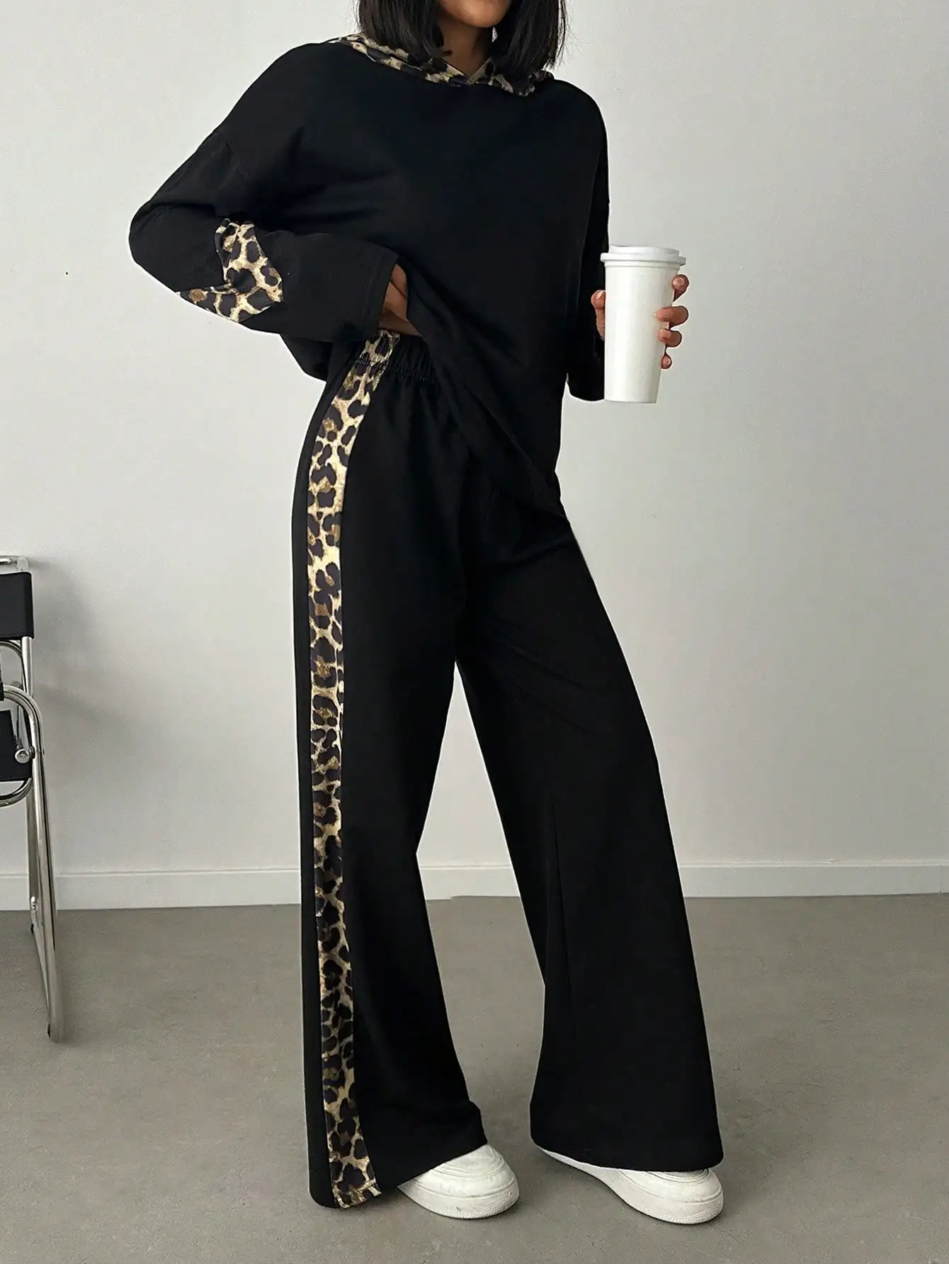 

Women's Leopard Print Contrast Lounge Set with Hoodie and Flared Leg Joggers