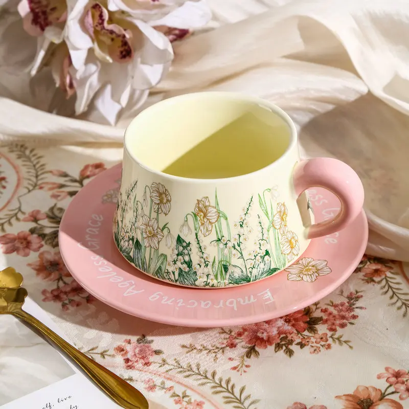 Creative Ceramic Jasmine flower pattern Coffee Cup and Plate Combination Household Office Items Nordic style Porcelain Water Mug