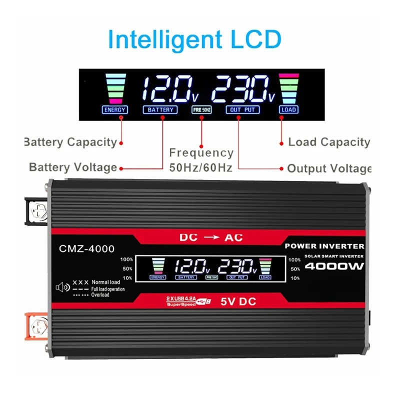 Inversor de Onda Senoidal Modificado, Display LCD Inteligente, Transformador de Tensão USB, Adaptador De Carro, Conversor De Carga, Fora Da Rede, 4000W, 12V-220V