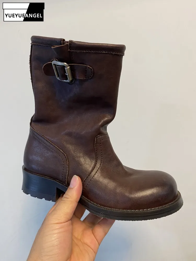 Autumn New Women Mid Calf Boots Moto Biker Riding Shoes Round Toe Tchik Platform Cowhide Genuine Leather Boots Vintage Footwear