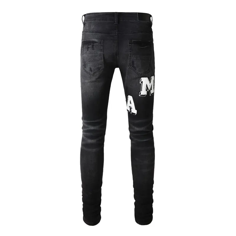 High Street Fashion Men's Jeans Retro Black Stretch Slim fit Ripple Jeans Men's Designer Hip Hop Brand Pants Hombre