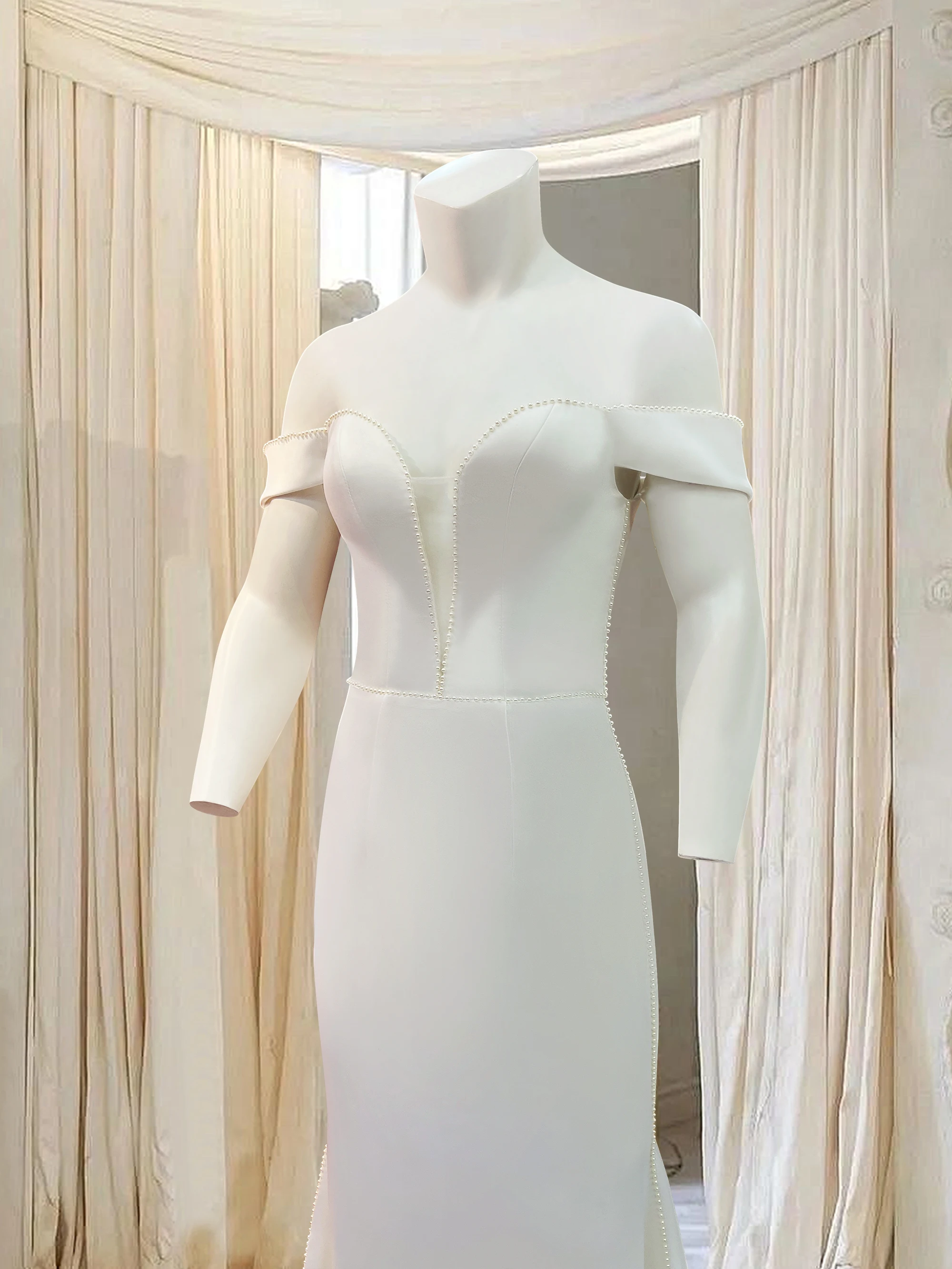 Customized one shoulder white nail bead wedding dress with trailing tail and fish tail dress