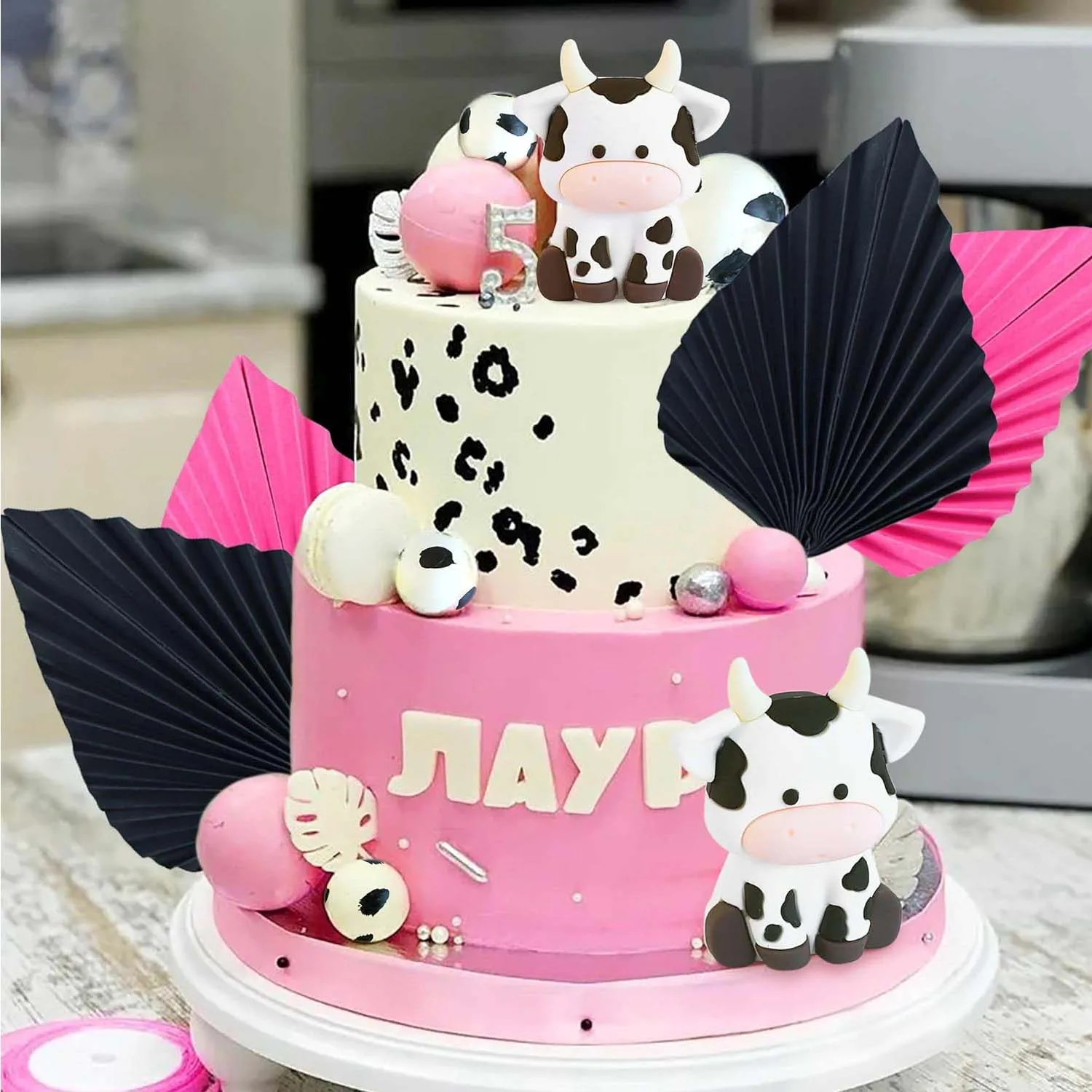 24Pcs Cow Cake Decoration Cowgirl Birthday Cake Topper Palm Leaves Balls Cake Topper Barnyard  Animal Birthday Party Decorations