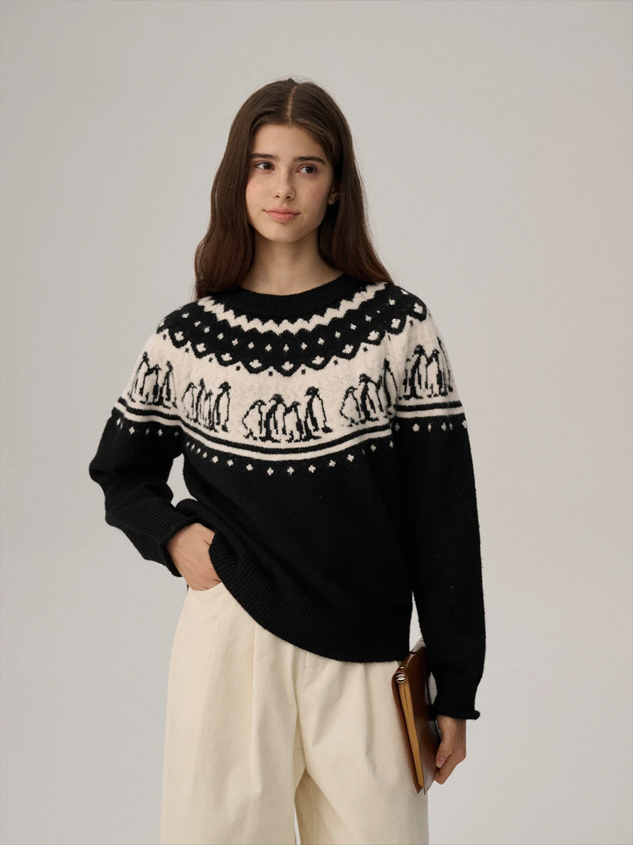 

Sullenger Cute Penguin Color Blo Sweater Women's Autumn Fair Isle Knitwear Cardigan Loose Fit Long Sve round Ne Top