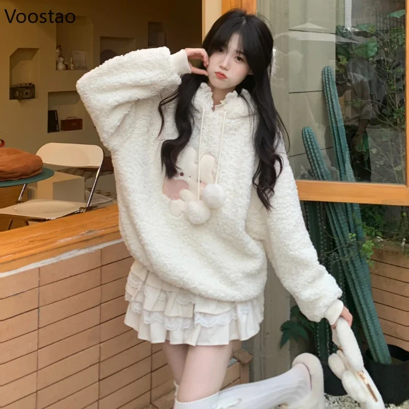 Japanese Sweet Lolita Style Lambswool Hoodies Women Cute Bunny Long Ears Hooded Sweatshirts Korean Rabbit Embroidery Loose Coat