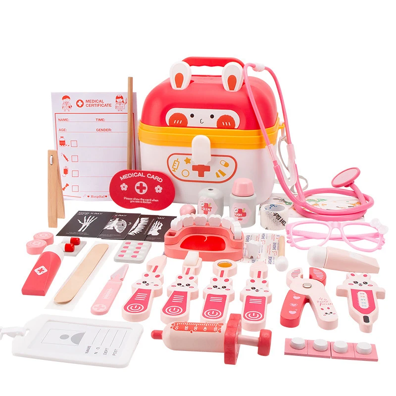 Wooden Doctor Play Set para Crianças, Simulation Home Medical Toolbox, Jogos de RPG para crianças, Coelho dos desenhos animados, Caixa de plástico