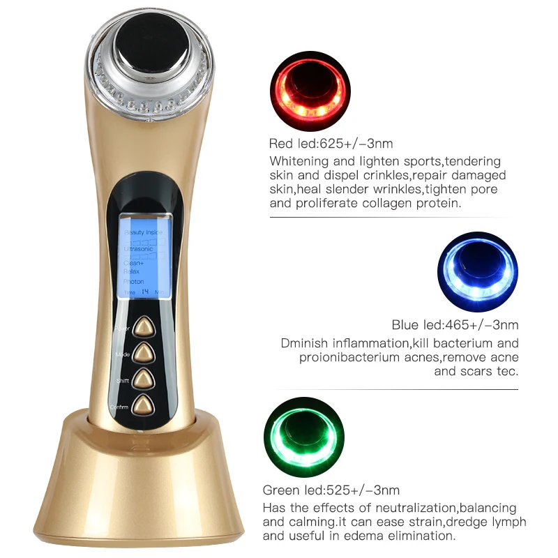 Ultrasonic High Frequency Massager Facial, Sistema de Renovação Da Pele, Beauty Care Tool, Ion LED Photon, Handheld Pessoal, 5 em 1