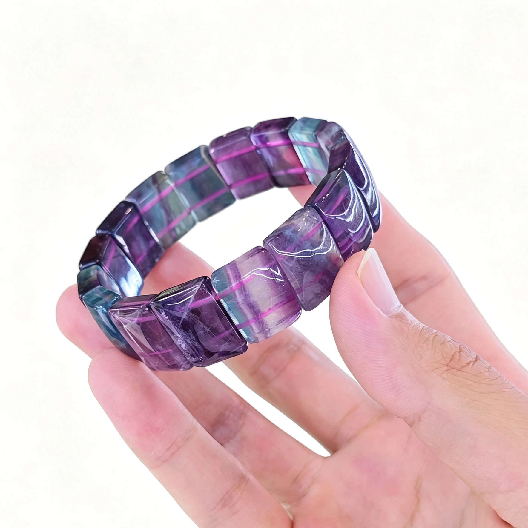 Natural Rainbow Fluorite Plate Bracelet Gemstone Rectangle Slab Cuff Banded Crystal Stretch Bracelet Fine Jewelry Present 1 Pc