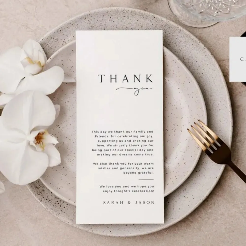 Descarga de plantilla de tarjeta de agradecimiento de mesa de boda personalizada, nota de servilleta de agradecimiento Simple, menú de boda imprimible, carta de agradecimiento DIY