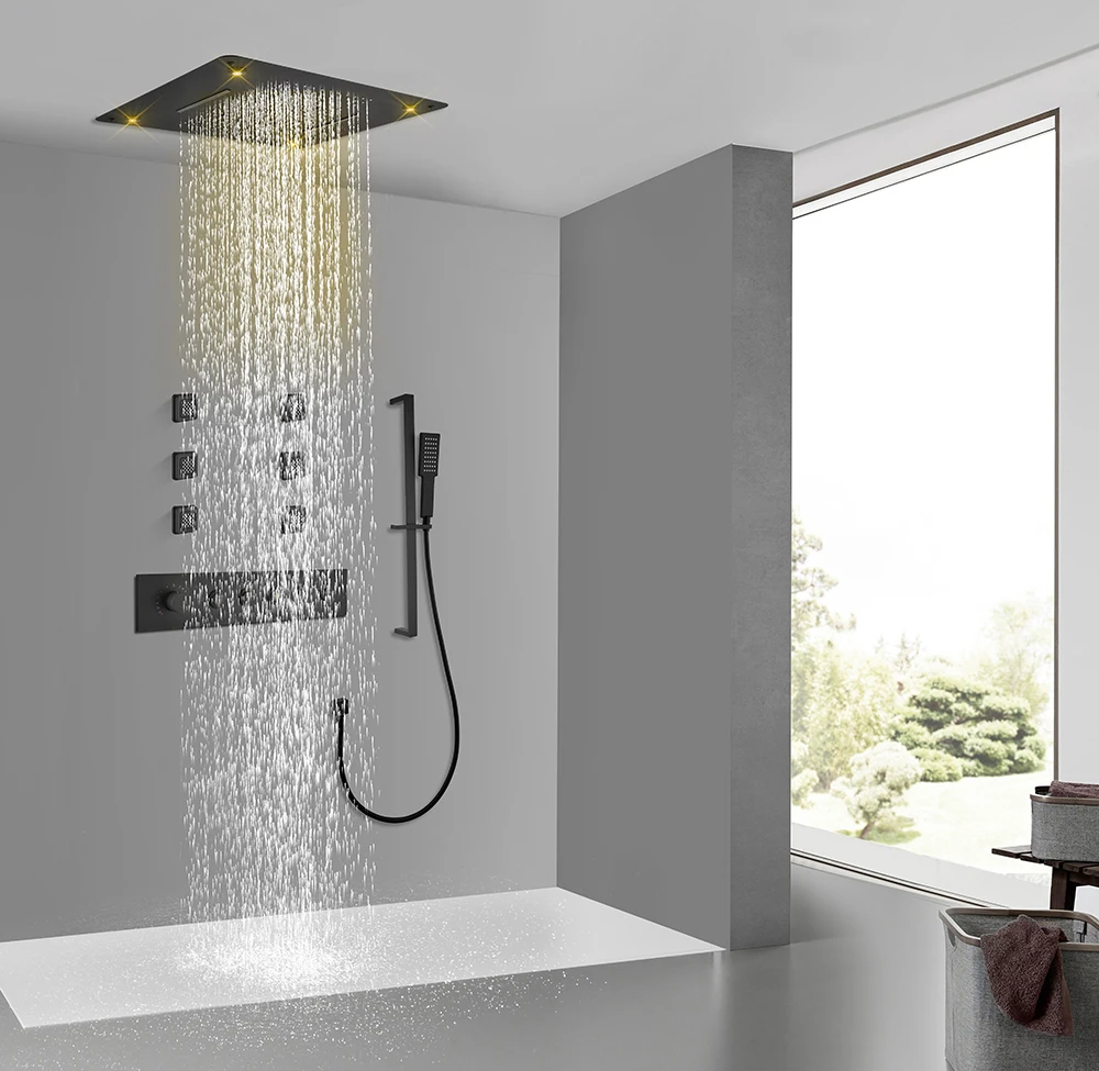 

Upgrade Bathroom with the 580x500 Thermostatic Shower Set, Featuring Concealed Rainfall Showerhead, Mixing Valve, and Wall Jets