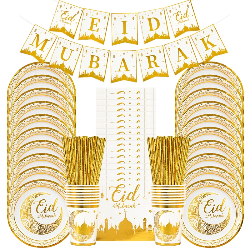 Eid mubarak utensílios de mesa descartáveis placa de ouro copo banner sacos de presente islâmico muçulmano fontes de festa 2024 ramadan kareem