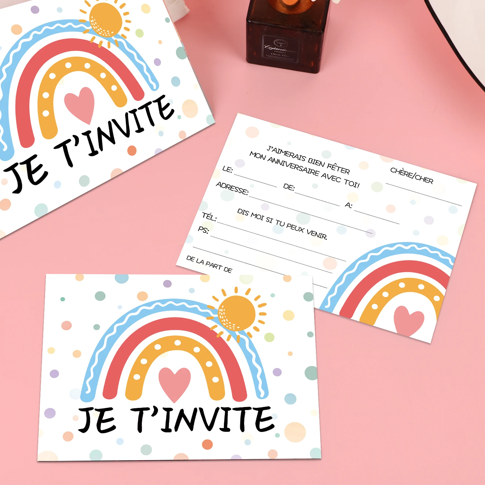 16-Pack Personalized French Rainbow Dot Birthday Party Invitations with Sun Design - Paper Invitations for Celebrations & Genera