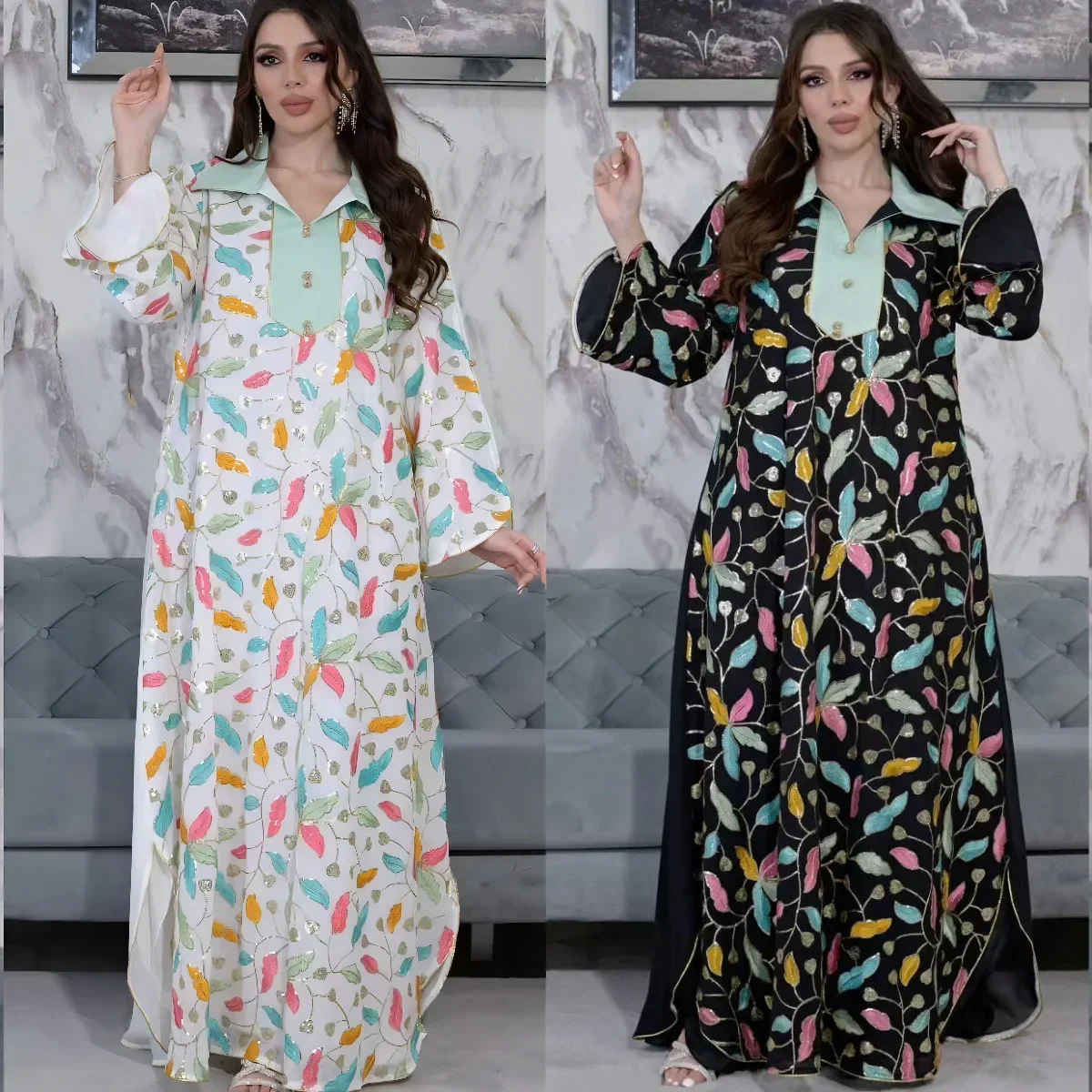 

Eid Mubarak Women Floral Embroidery Dress Marocain Abayas Muslim Dubai Turkey Kaftan Jalabiya Caftan Musulmane Femme Vestidos