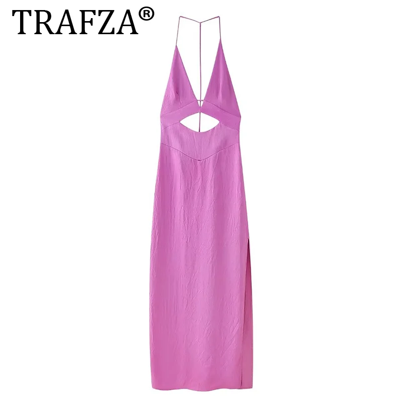 TRAFZA GAL 2024 Summer Y2K Hollow Out V Neck Women Party Long Dresses Sleeveless Backless High Split Slim Robe Female Midi Dress