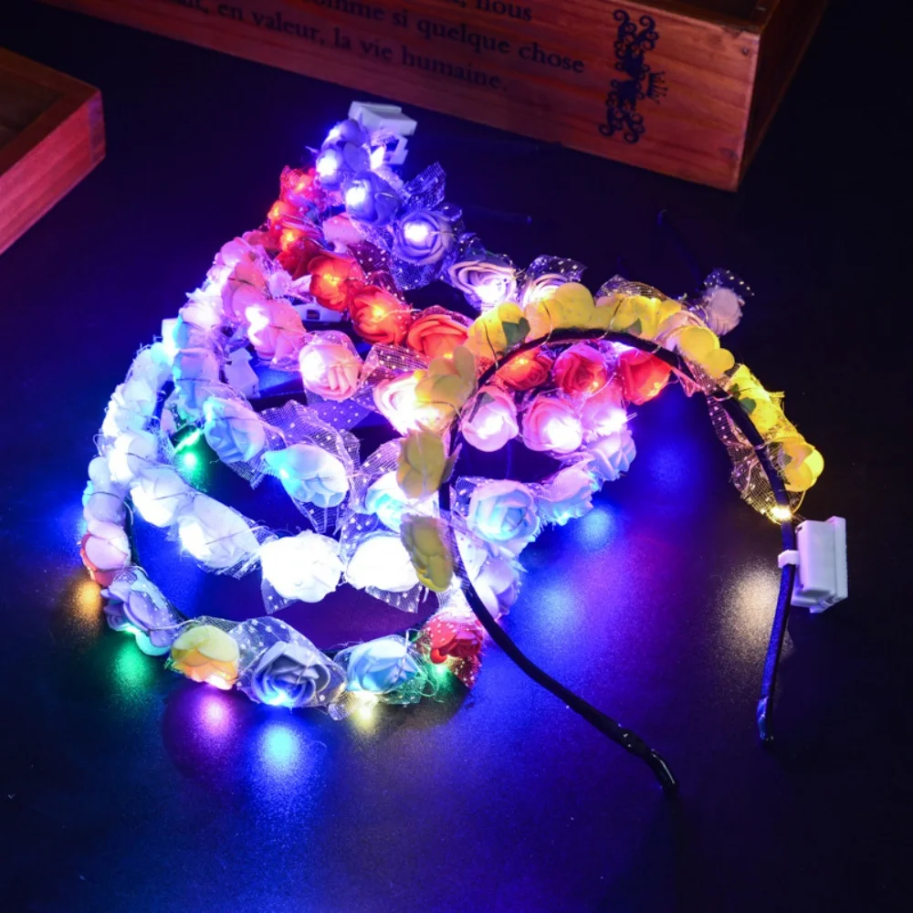 Diadema con Luces LED, Diadema Romántica con Flores Iluminadas, Corona de Flores LED, Corona de Flores para Bodas