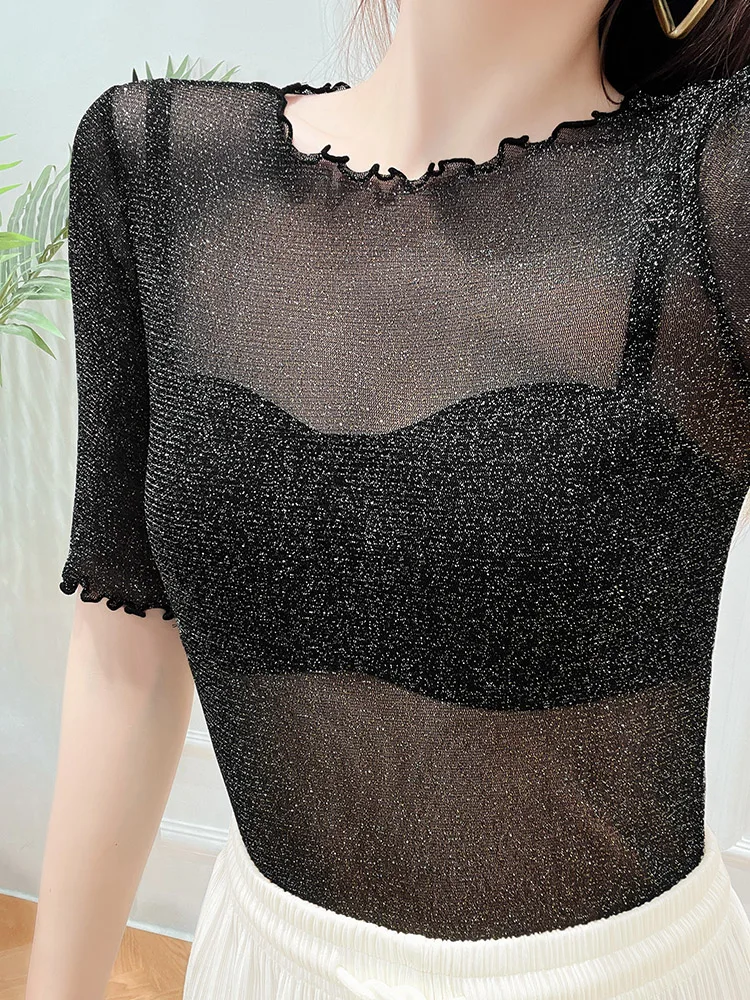 

Women's Lace Hollow out ort Sve Base irt Me Underwear Top Bla Hollow Cover up T-irt round Ne Fit Summer