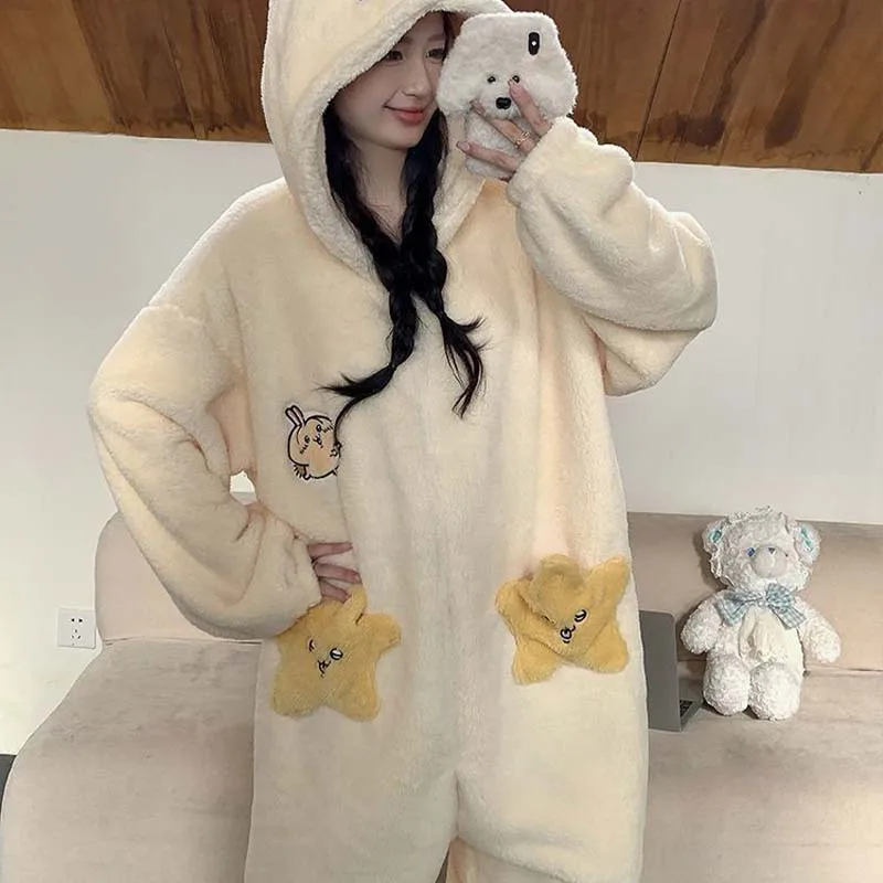 Anime Chiikawas Hachiware Jumpsuit Pajamas Women's Winter Coral Velvet Home Clothes Cartoon Student Sleepwear Thicken Warmth