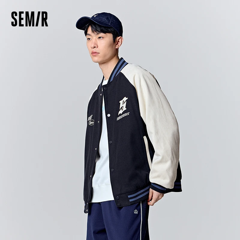 Semir Jacket Men Autumn Retro College Style Faux Suede Baseball Jacket Color Block Patchwork Loose Embroidered Top