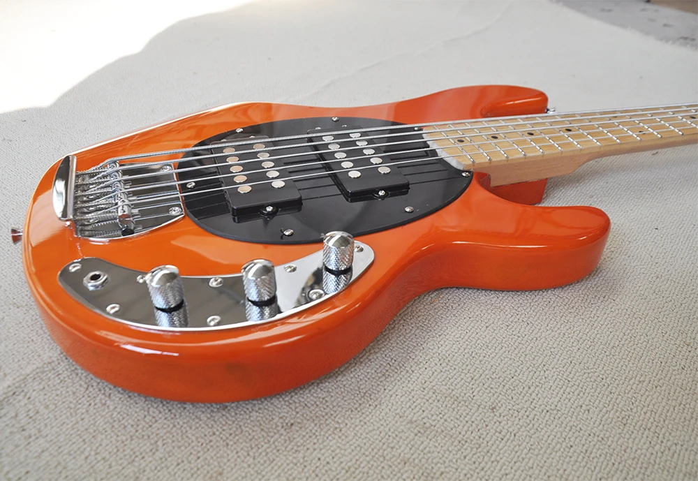 5 Strings Orange Electric Bass Guitar with Black Pickguard,Maple Fretboard,Customizable