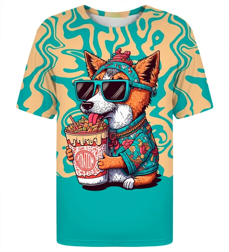 Cool Corgi T-shirts Men Women, Featuring A Hip-hop Dog Wearing Sunglasses Against A Street Food Backdrop, and Cartoon Designs.