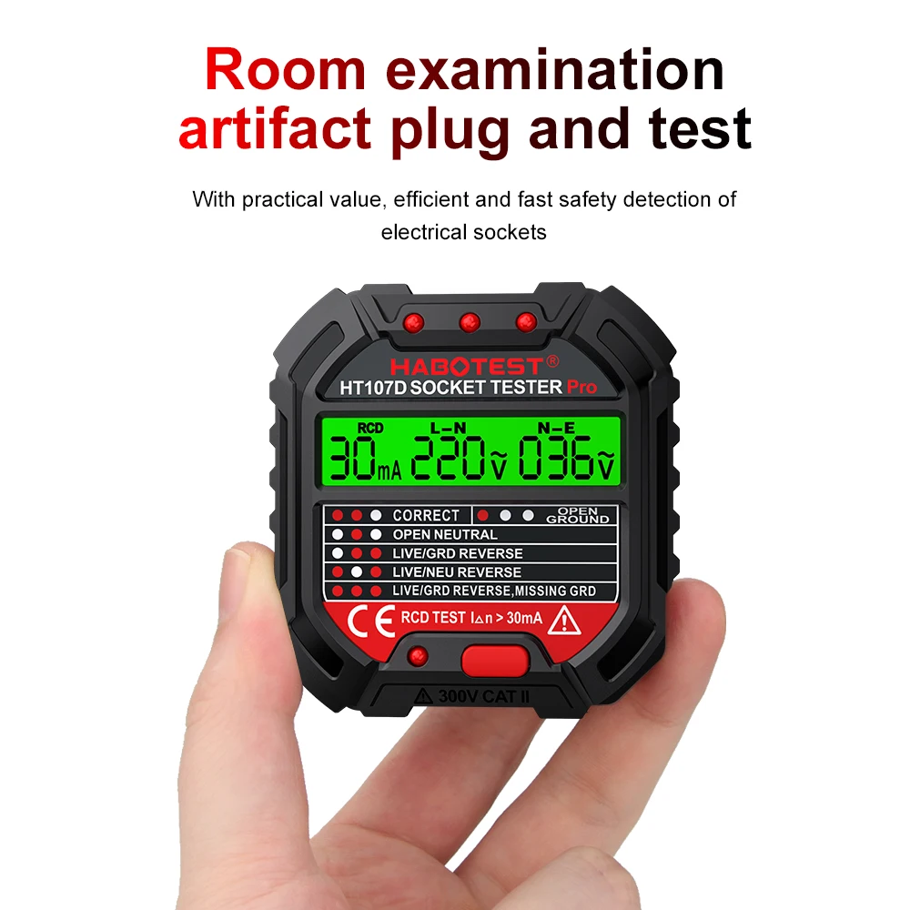 HT106/HT107 Socket Testers Voltage Test Digital Outlet Socket Detector US/UK/EU Plug Ground Zero Line Phase Check RCD NCV Test