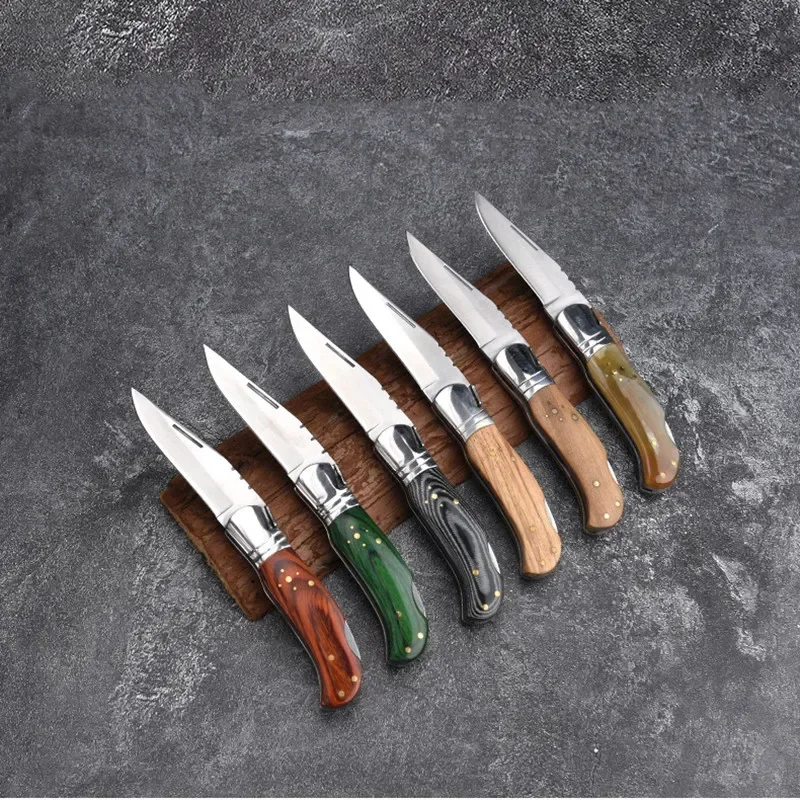 1PC Fruits Handmade Knife Outdoor Multi-Function Stainless Steel Portable Wooden Handle Folding Knife High Hardness Tool