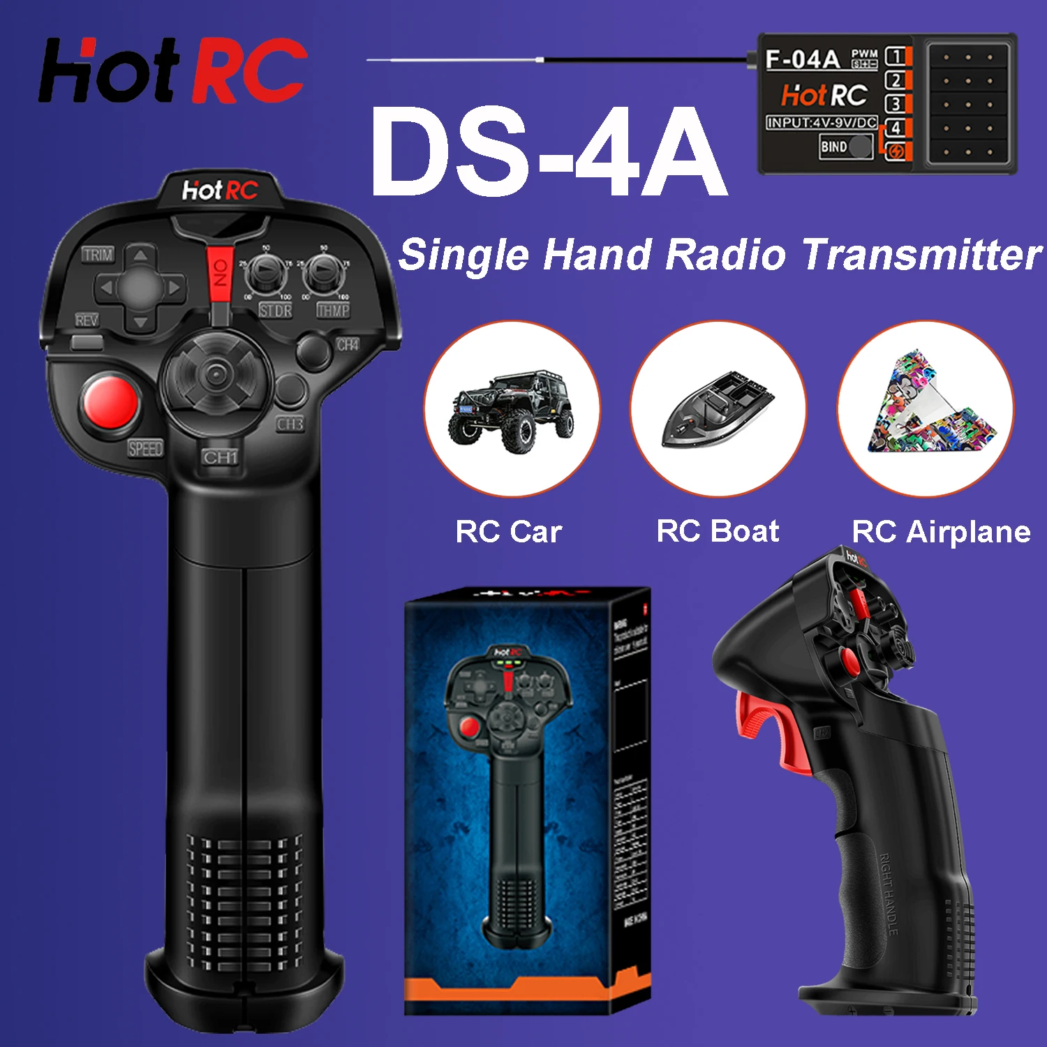 

HOTRC Радиопередатчик с дистанционным управлением DS4A DS-4A 2,4G 4-канальный одноручный радиоуправляемый с 4-канальным приемником для радиоуправляемого автомобиля, лодки, дрона, самолета