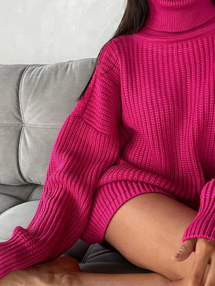 Thick Warm Knit Sweater Autumn and Winter Women\'s Loose Fashion Solid Color High Neck Casual Base Cotton Elastic Knit Sweater