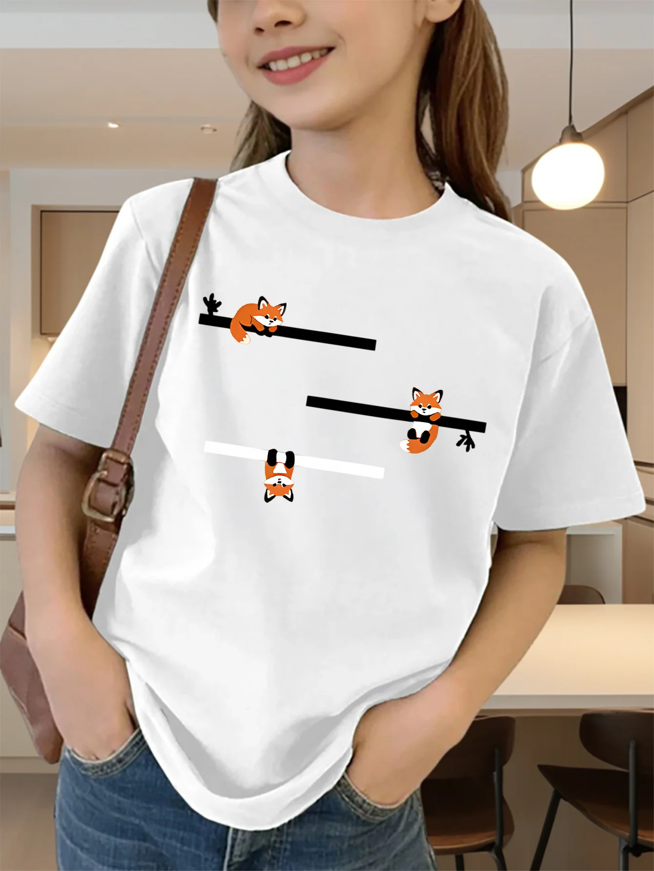 Cute Playful Cartoon Foxes Print Graphic Kids Tee Boys Girls Family Matching Cotton Crew Neck Short Sleeve Soft Summer Tee